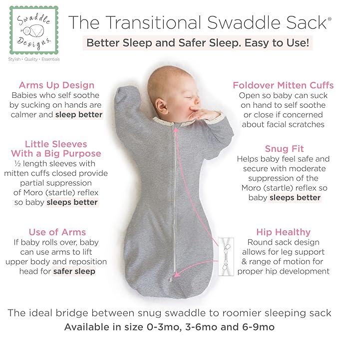 SwaddleDesigns Transitional Swaddle Sack, Arms Up Half-Length Sleeves & Mitten Cuffs, Swaddle for Newborn Transition to Baby Sleep Sack Wearable Blanket, Large, 6-9 Month, 21-24 lb, Heathered Gray