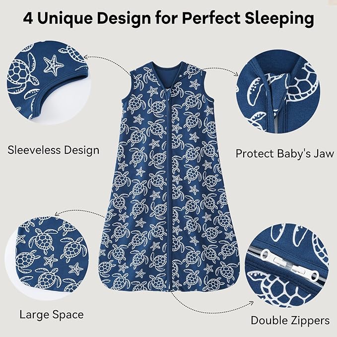 Unnivoll Baby Sleep Sack 6-12 Months 0.5 Tog Wearable Blanket Baby, 3 Pack 100% Cotton Lightweight Sleeping Sack with 2-Way Zipper for Newborn Infant Shark