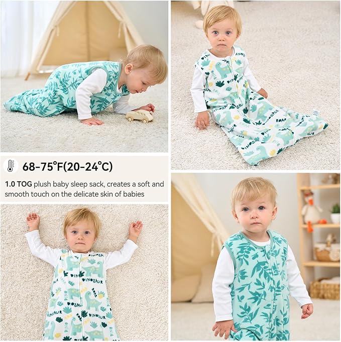 Unnivoll Fleece Baby Sleep Sack 18-24 Months 1.0 Tog Baby Wearable Blanket Microfleece Sleeping Sack with 2-Way Zipper for Toddler Infant Green & White Dinosaur