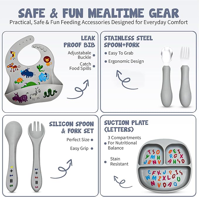 Tots and Thoughts 16-Piece Silicone Baby Feeding Set – Educational – Baby Led Weaning Supplies – BPA-Free – Placemat, Suction Plate, Bowl, Bib, Sippy Cup, Spoons, Forks – Microwave/Dishwasher Safe