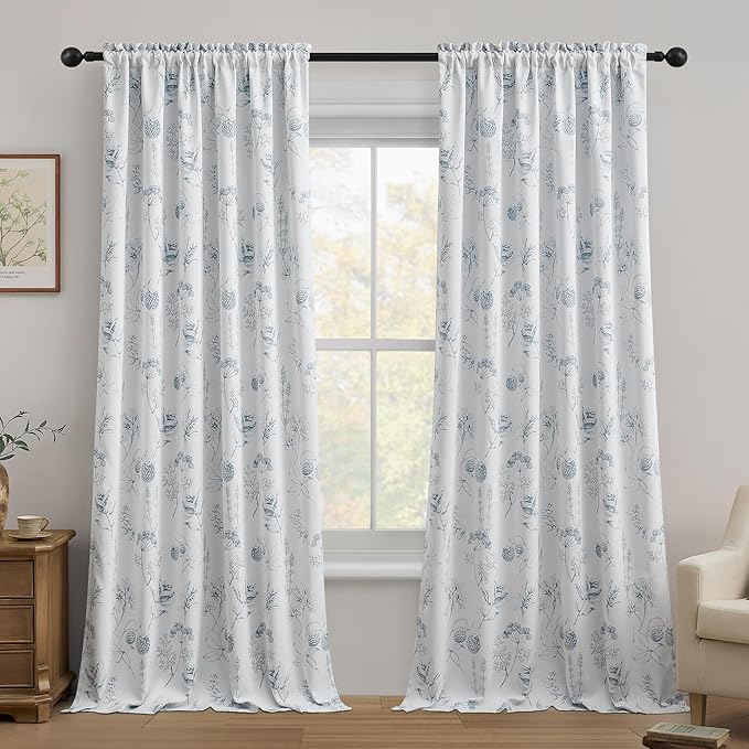 FMFUNCTEX 100% Blackout Floral Curtains 84 Inches Long for Bedroom, Blue and White Floral Drapes for Living Room, Farmhouse Rod Pocket Back Tab Room Darkening Thermal Insulated Window Drapes 2 Panels