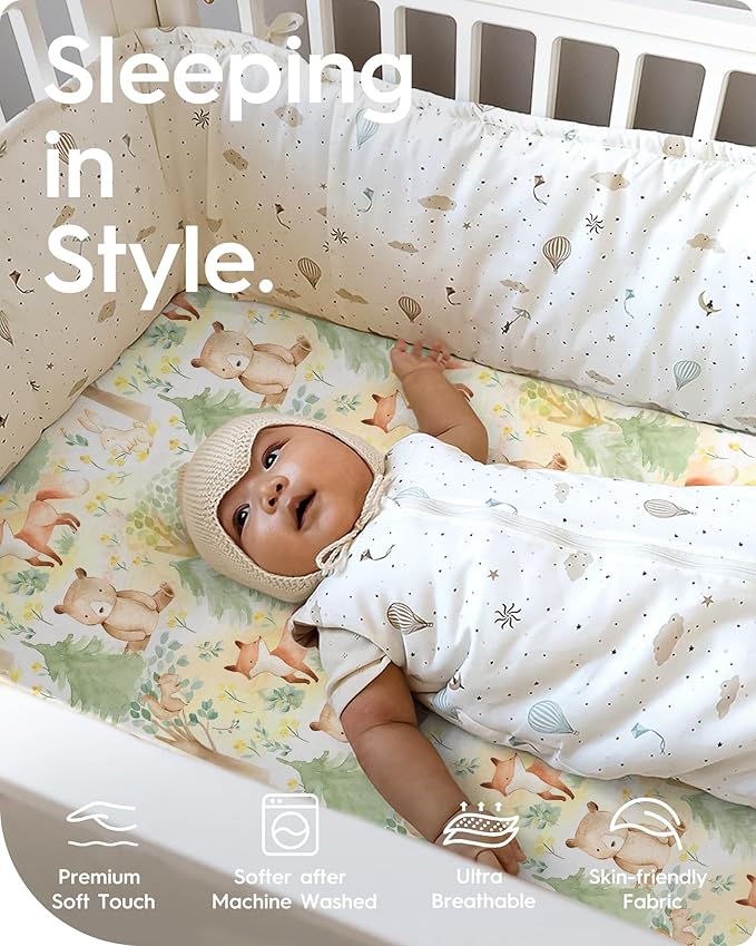 TotBasic Mini Crib Sheets 24x38, Ultra Soft Pack N Play Sheets Fitted Boy Girl, Neutral Pack and Play Mattress Sheets, Premium Jersey Knit Portable Crib Sheets Hypoallergenic, Forest Bear & Deer