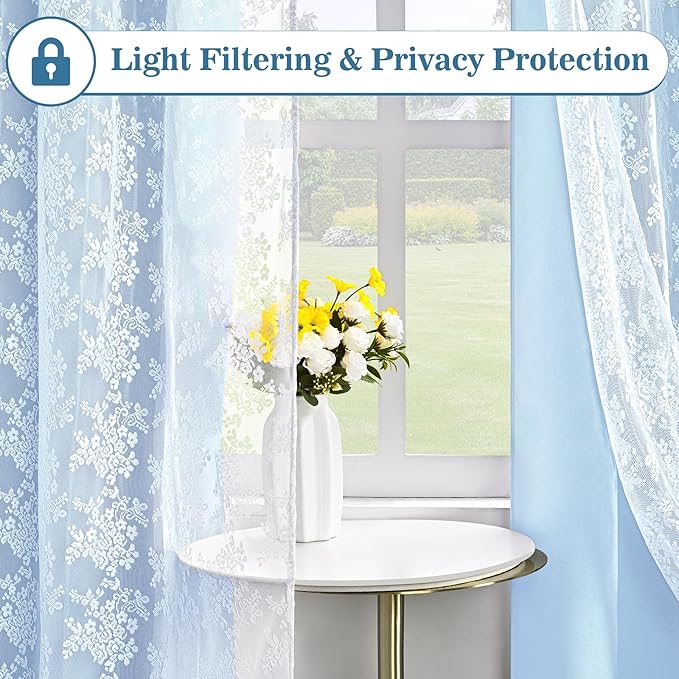 Yinhua Double Layer Blackout Curtains for Bedroom Blue Curtains for Living Room 84 Inch Length 2 Panels Set Kid Curtain with Tiebacks, Grommet Drapes with Floral Sheer Overlay, 52" W x 63" L