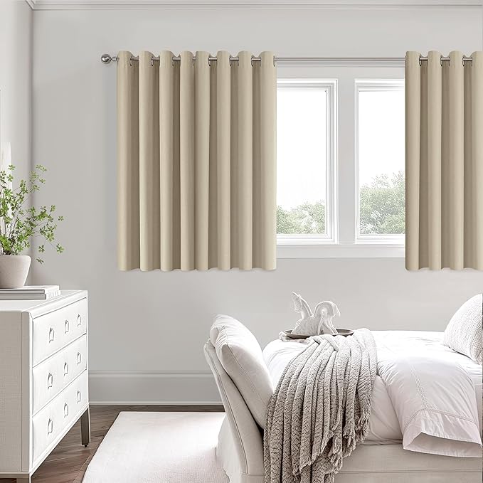 ChrisDowa 100% Blackout Natural Solid Solid Curtains 45 Inches Long 2 Panels for Bedroom Living Room,Farmhouse Room Darkening Thermal Insulated Soundproof Grommet Top Window Treatment Drapes,52x45