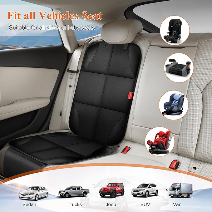 Car Seat Protector, Carseat Seat Protectors with Thick Padding and Upgraded Non-Slip Backing, Waterproof Seat Protector under Baby Car Seat, 600D Fabric Car Seat Covers with Storage Pockets for Baby