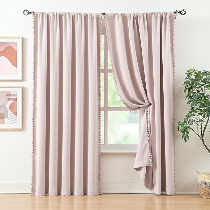 Treatmentex Pink Pom Poms Blackout-Curtains 95 inch Bedroom Window Curtains for Living Room Triple Weave Half Blackout Window Curtains for Hotel Guest Room Drapes 52" w x2 Panels Rod Pocket