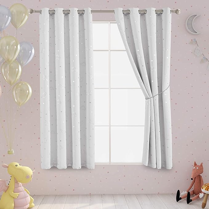 LORDTEX Dinosaur and Star Foil Print Blackout Curtains for Kids Room - Thermal Insulated Curtains Noise Reducing Window Drapes for Boys and Girls Bedroom, 52 x 45 Inch, Greyish White, 2 Panels