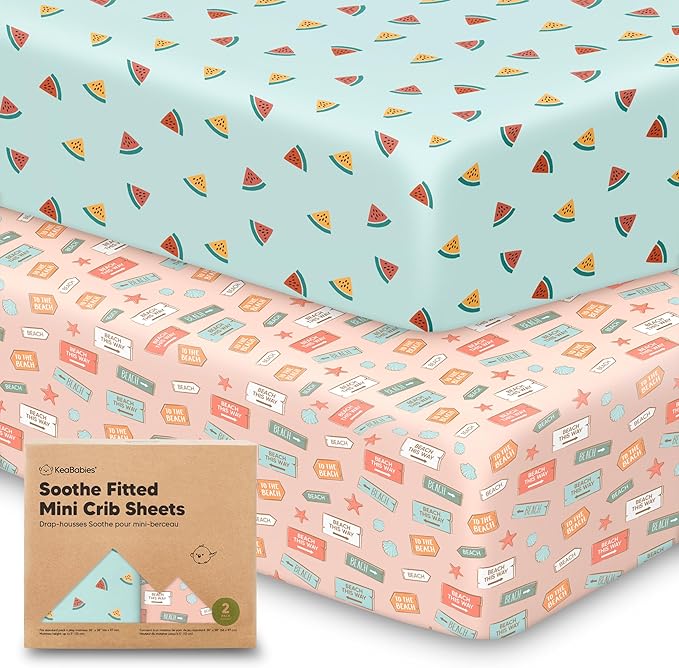 2-Pack Mini Crib Sheets Fitted - 38x26 Pack N Play Sheets for Pack and Play Mattress, Organic Cotton, Soft & Breathable Playard Bedding, Neutral Mini Toddler Bed Cover for Boys, Girls (Beach Day)