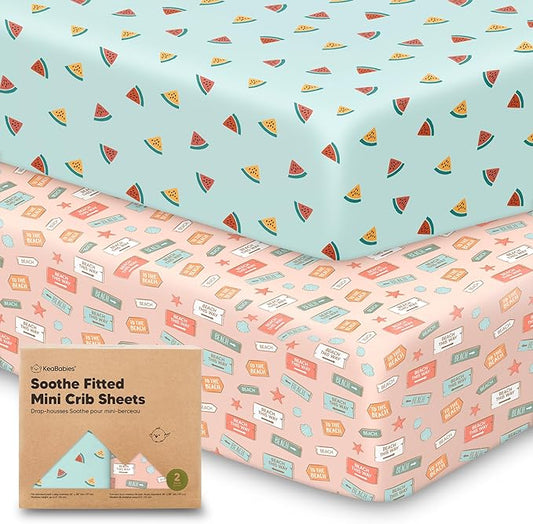 2-Pack Mini Crib Sheets Fitted - 38x26 Pack N Play Sheets for Pack and Play Mattress, Organic Cotton, Soft & Breathable Playard Bedding, Neutral Mini Toddler Bed Cover for Boys, Girls (Beach Day)