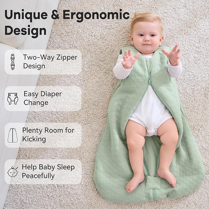Unnivoll Baby Sleep Sack 6-12 Months TOG 2.5 Winter Baby Wearable Blanket, 100% Cotton Fabric Newborn Infant Sleeping Sack 2-Way Zipper Quilted Baby Sleep Bag, Warm Soft Green