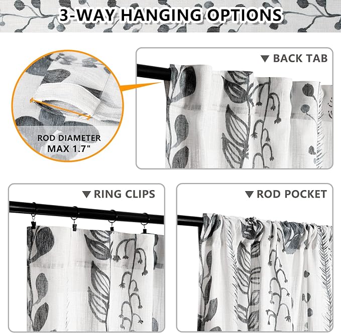 MEETSKY Curtains 63 Inches Long Boho Linen Style Curtains for Living Room Semi-Sheer Back Tab Farmhouse Drapes Light Filtering Bohemian Rod Pocket Window Curtain, 50” Wide Each Panel, 2 Panels