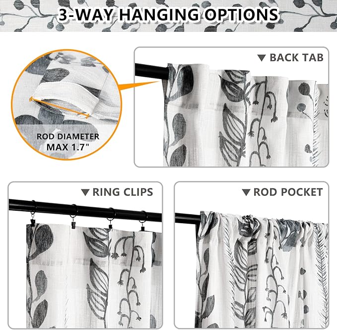 MEETSKY Boho Curtains for Living Room Light Filtering Privacy Protection Cotton Curtains 84 Inch Length 2 Panels Bohemian Linen Style Back Tab Window Leaf Print Classical Drapes for Dining Room