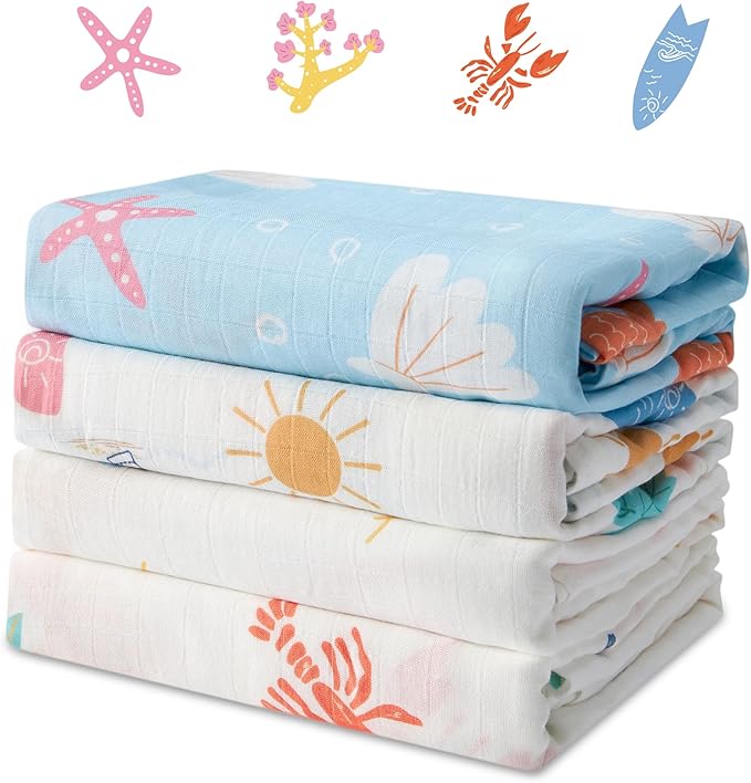 Muslin Swaddle Blankets for Newborn, 4-Pack Breathable Receiving Baby Blanket, Large 47 x 47 Inches Swaddling Wrap for Boys and Girls (Ocean Adventure)