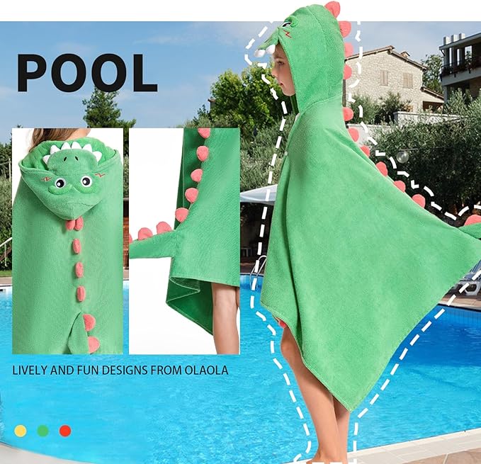 OLAOLA Dinosaur Hooded Towel for Kids 3-12 Years, 28" x 53" Soft Thick Absorbent Beach Towels, Toddler Bath Towel Wrap, Swim Pool Towels Poncho for Boys Girls