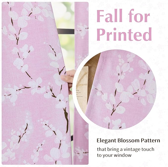 FMFUNCTEX 100% Blackout Floral Curtains for Bedroom, Pink Curtains 63 inch Length Blossom Flower Patterned for Living Room, Thermal Insulated Nursery Drapes, Grommet Top 2 Panels (White on Pink)