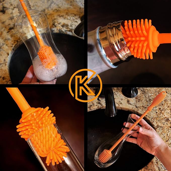 Kitchiny 12.5" Silicone Bottle Brush & Straw Cleaner Brush Set | Water Bottle Cleaner for Hydro Flasks, Tumblers, Glassware, Vases and Narrow Neck Containers