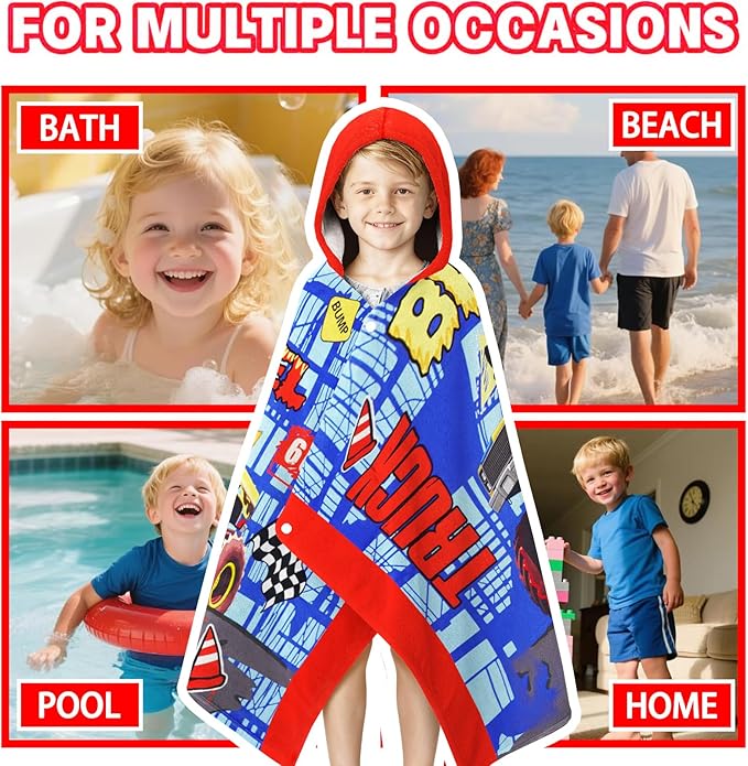 Hooded Beach Towels for Kids - Ultra Soft 100% Cotton Big Truck Toddler Hood Bath Towels/Pool Terry Towel Beach Poncho Wrap Absorbent Cute Bath & Swim Wrap Gift for Boys & Girls 3-10 Years - Blue
