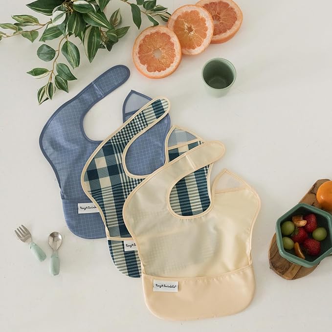 Tiny Twinkle Mess-Proof Baby Bibs for Eating | Waterproof, Wipeable Toddler Bibs with Catch-All Pocket | Feeding Bibs for Girls & Boys(3 Pack,Gingham,Grid)
