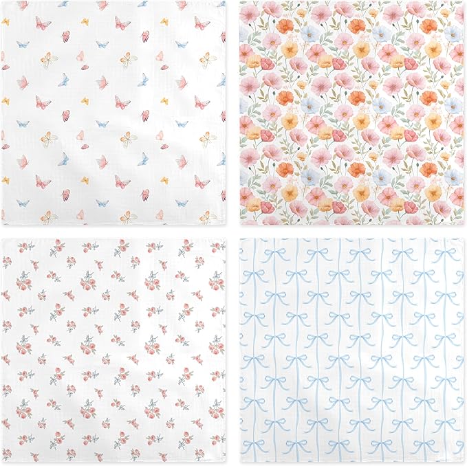 4-Pack 100% Cotton Muslin Swaddle Blankets, Large 47 x 47 Inches — Breathable Soft Receiving Blankets for Newborns, Swaddling Wraps, Baby Essentials, Registry Gift (Butterfly Floral Garden)
