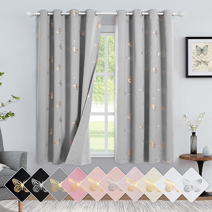 Jubilantex Grey Butterfly Blackout Curtains 2 Panels 54" Length for Baby Girls Nursery Bedroom Metallic Print 90% Room Darkening Drapes Grommet Window Treatment for Living Room,52" W