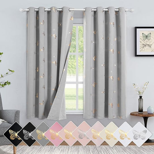 Jubilantex Grey Butterfly Blackout Curtains 2 Panels 54" Length for Baby Girls Nursery Bedroom Metallic Print 90% Room Darkening Drapes Grommet Window Treatment for Living Room,52" W