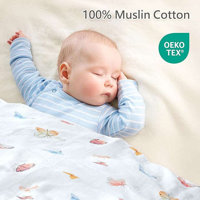 2-Pack 100% Cotton Muslin Swaddle Blankets, Large 47 x 47 Inches — Breathable Soft Receiving Blankets for Newborns, Swaddling Wraps, Baby Essentials, Registry Gift (Butterfly & Bloom Duo)