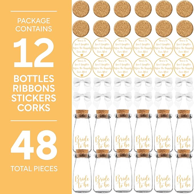 Ethisa 12 Pack Bride To Be Party Favors - Vintage Glass Bottles with Ribbons and Stickers - Bridal Shower Favors for Guests and Table Centerpieces Decorations - Sturdy Bachelorette Theme Candy Jar