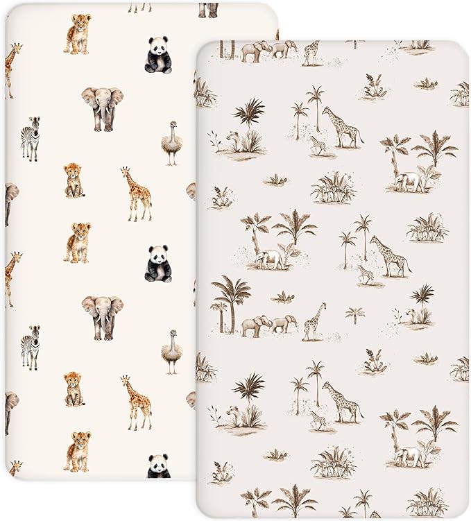 Crib Sheets for Boys and Girls, 2 Pack Fitted Baby Sheets for Standard Toddler Mattress 28" x 52", Soft Breathable Jersey Knit Baby Bedding (Safari Dreams)