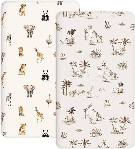 Crib Sheets for Boys and Girls, 2 Pack Fitted Baby Sheets for Standard Toddler Mattress 28" x 52", Soft Breathable Jersey Knit Baby Bedding (Safari Dreams)
