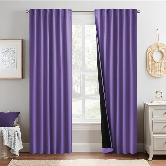 NICETOWN Lilac Purple 100% Blackout Curtains for Bedroom, 52x84 Inches Set of 2 for Living Room, Rod Pocket Back Tab & Noise Reducing Drapes Black Lined Insulated Window Treatment Panels
