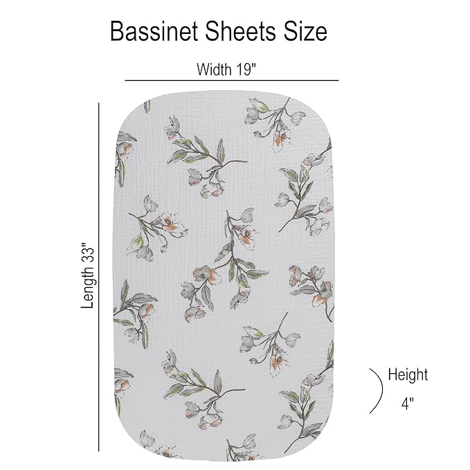 Onacosht Muslin Bassinet Sheets 3 Pack, 100% Cotton Baby Fitted Sheet 33" x 19" Compatible with Mika Micky, KoolaBaby (3 in 1), BabyBond, HARPPA and RICUTON Bedside Bassinet, Green and Botanical