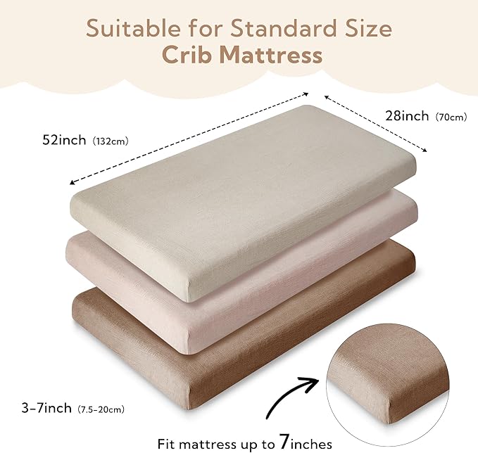 SOULFUL Muslin Crib Sheets for Boys Girls, 3 Pack Soft and Breathable Cotton Fitted Crib Sheets for Standard Crib Mattress (28"x 52", Light Tan & Brown & Mist Pink)