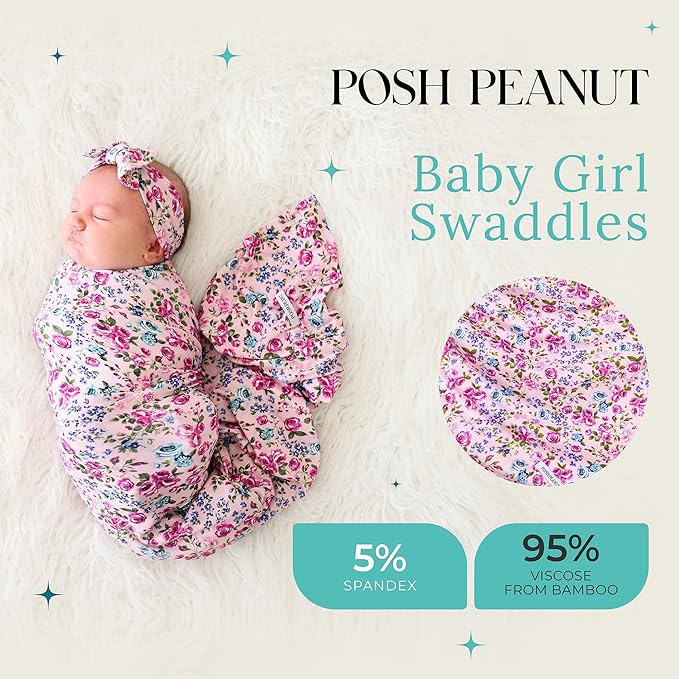 Posh Peanut Soft Baby Swaddle & Headband Set – Viscose from Bamboo Newborn Wrap Receiving Blanket, Nursing or Stroller Cover (Pixie)