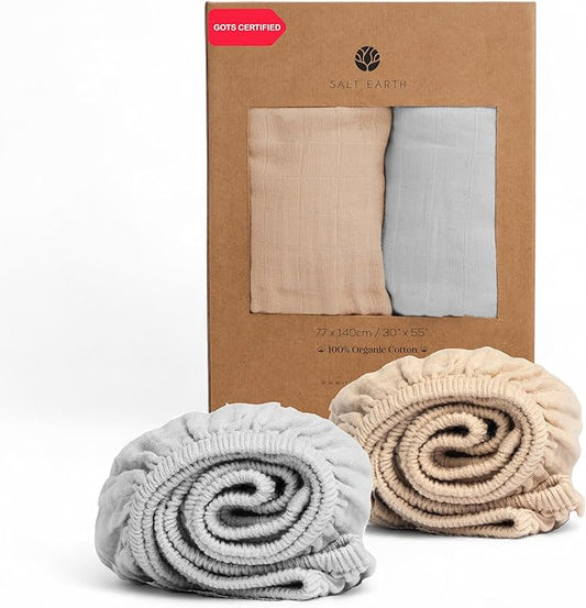 Salt Earth 100% Organic Cotton Muslin Standard Fitted Crib Sheet,52"x28", 2 Pack Soft Breathable Natural Cotton Sheets Baby Mattress Bed Sheets, No Slip Neutral Baby Crib Sheet (Beige & Silver)