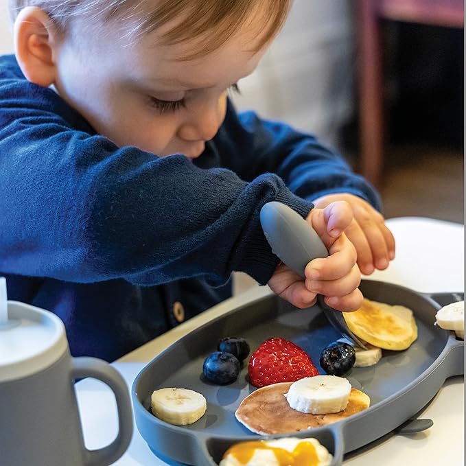 TUM TUM Baby Cutlery Set With Case, Spoon & Fork for Self Feeding, Silicone, 6 Months Plus (Grey)