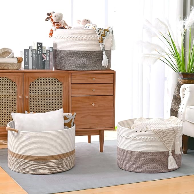 67L Large Blanket Basket, 20"x13" Woven Storage Baskets With Handle, Cotton Rope Blanket Basket Living Room, Baby Laundry hamper for Blanket, Nursery, Toy, Pillow (White & Brown)
