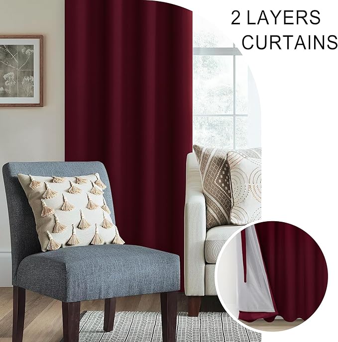 XWZO 100% Blackout Curtain Panels - Rod Pocket & Back Tab Thermal Insulated, Noise Reducing and Heat Blocking Drapes for Hall and Studio Windows with Tiebacks, Burgundy, W52 x L108, Set of 2