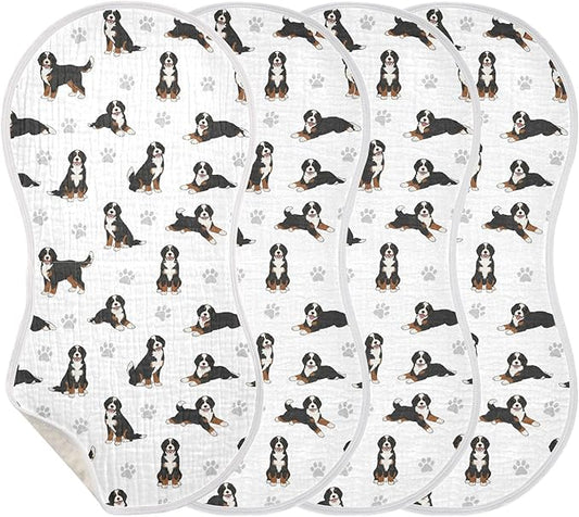 Qinllo 4 Pack Muslin Burp Cloths Bernedoodle Dogs White Cotton Baby Burp Cloths Ultra Absorbent and Soft Burping Cloth for Newborn Must Haves 22x11 Inch
