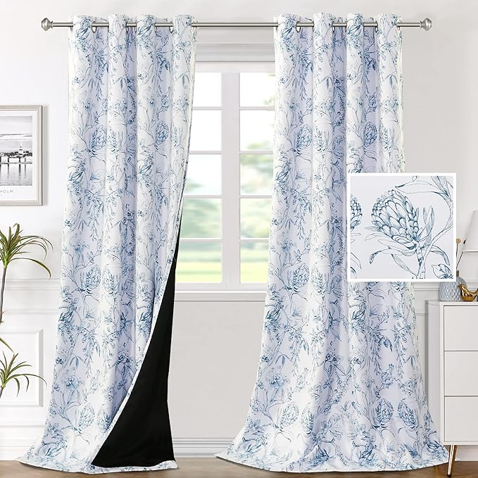 H.VERSAILTEX 100% Blackout Curtains for Bedroom Camellia Floral Blackout Curtains 108 Inches Long Light Blocking Window Treatment Curtains with Black Liner Grommet Thermal Drape, 2 Panels, Stone Blue