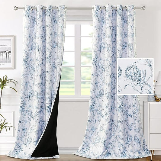 H.VERSAILTEX 100% Blackout Curtains for Bedroom Camellia Floral Blackout Curtains 108 Inches Long Light Blocking Window Treatment Curtains with Black Liner Grommet Thermal Drape, 2 Panels, Stone Blue