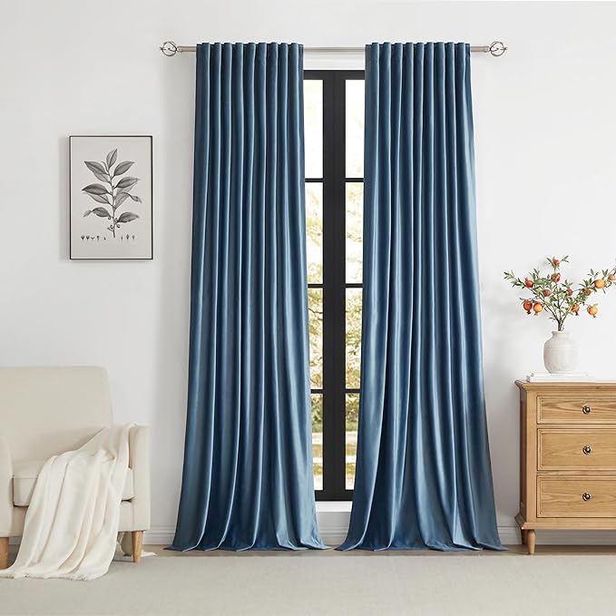 PRIMROSE 100% Full Blackout Velvet Curtains 96 inch Long for Living Room,Set of 2 Stone Grayish Blue Liner Rod Pocket Back Tab Thermal Window Curtains Room Darkening Curtains Drapes for Bedroom