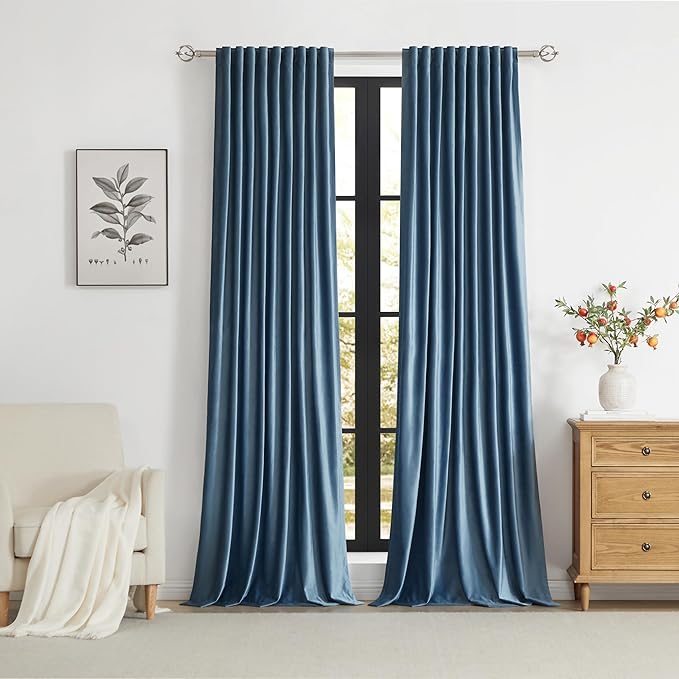 PRIMROSE 100% Full Blackout Velvet Curtains, Set of 2, Stone Blue, 52"W x 72"L (Pack of 2), Living Room & Bedroom