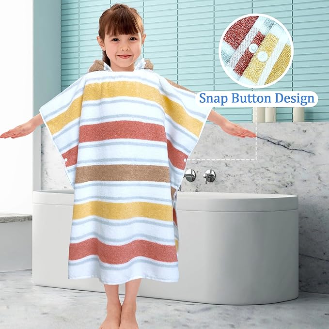 VOOVA & MOVAS Kids Hooded Poncho Towels (4-8Years,27.5"x27.5"),100% Cotton Soft Absorbent Towel for Boys,Perfect for Bathroom | Pool | Beach | Swimming, Jacquard Stripe