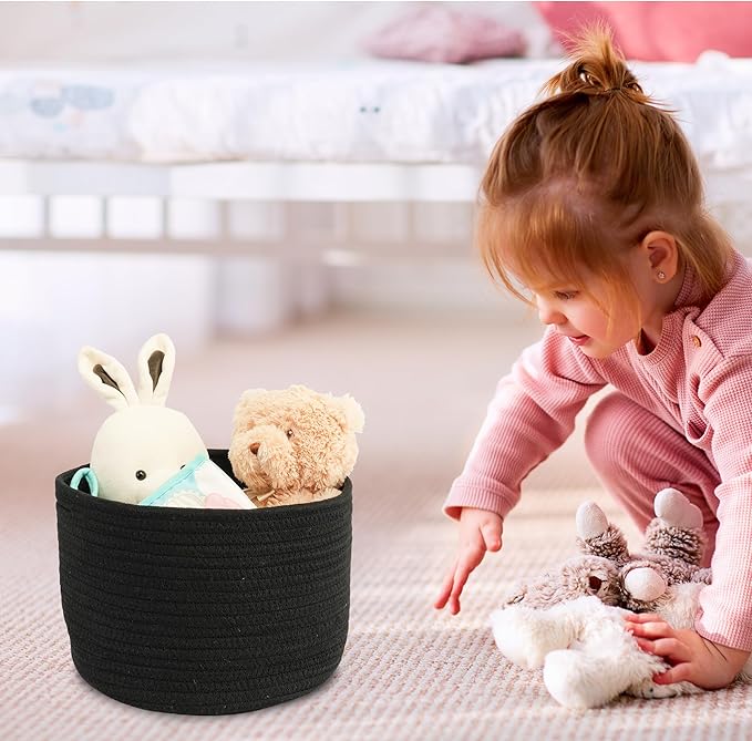 Woven Cotton Storage Baskets - 3-Pack Round Bins (10x10x7'') for Shelves, Closets & Bookcases | Durable Rope Organizers for Nursery, Baby, Toys, Easter & More (black)