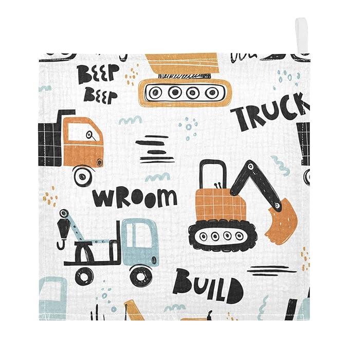 vvfelixl Building Equipment Construction Transpor Baby Burp Cloths, Baby Muslin Washcloths for Boys Girls, Cotton Baby Face Towel for Newborn Infants Soft and Absorbent 11.8 X 11.8 in, 5 Pack