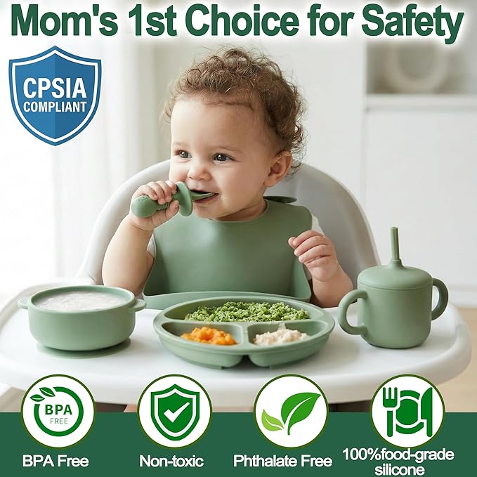 Bufims Silicone Baby Feeding Set, Baby Led Weaning Supplies, Eating Essentials Utensils with Suction Plate and Bowl, Pocket Bib, Sippy Cup with Lid, Forks Spoons Snack Container, for 6+ Months, Green