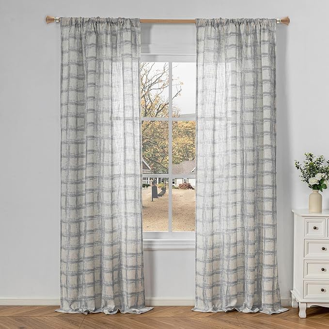 MYSKY HOME Linen Sheer Curtains 95 Inch Length for Bedroom, Living Room Curtains 2 Panel Sets, Soft Plaid Linen Polyester Blend Semi Sheers Light Filtering Back Tab Privacy Drapes, 50"x95", Grey