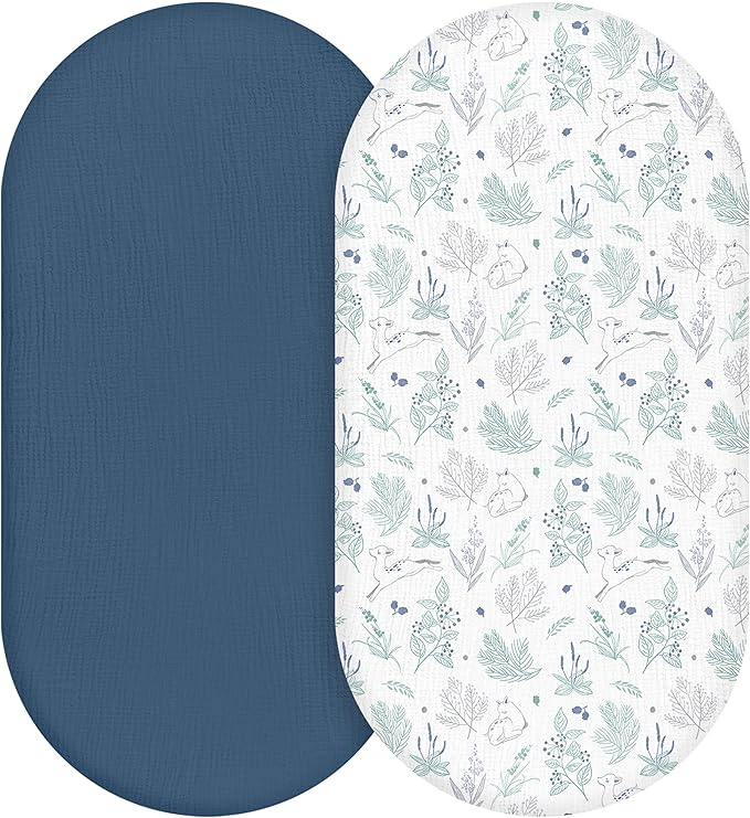 Muslin Bassinet Fitted Sheets, 2 Pack for Baby Boy and Girl, Soft Breathable Baby Pad/Mattress Sheet, Fit for Hourglass Oval and Rectangle Bassinet Mattress (Blue Deer)