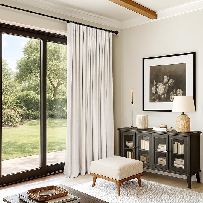 INOVADAY 100% Blackout Curtains for Bedroom, Black Out Curtains 90 Inch Long, Clip Rings Linen Blackout Drapes, Thermal Insulated Room Darkening for Living Room, 1 Panel - Beige,W102xL90