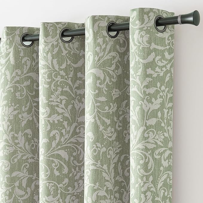 jinchan 80% Blackout Curtains for Bedroom, Farmhouse Drapes with Scroll Floral Patterned for Living Room, Grommet Top Thermal Insulated Curtains, Vintage Country Drapes 72 inch Length 2 Panels Green